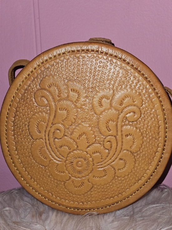 Handbags - Embossed Floral Round Crossbody Bag - Tan